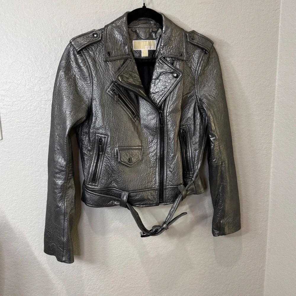 Michael Kors Silver Lamb Leather Moto Jacket Small Y2K Streetwear Metallic Biker